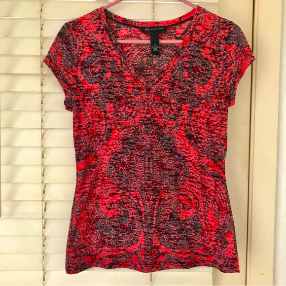 INC International Concepts Tops - INC International Concepts Red Graphic V-Neck Tee Red and Black Medium Burnout